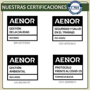 Certificados de Blesa Farmacia en: ISO 9001:2015 en Gestión de la Calidad. ISO 45001:2018 en Seguridad y Salud en el Trabajo. ISO 14001:2015 en Gestión Ambiental. Protocolos frente al COVID-19.